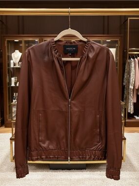 Lafayette 148 New York brown lambskin Leather Zip-Front Jacket size s